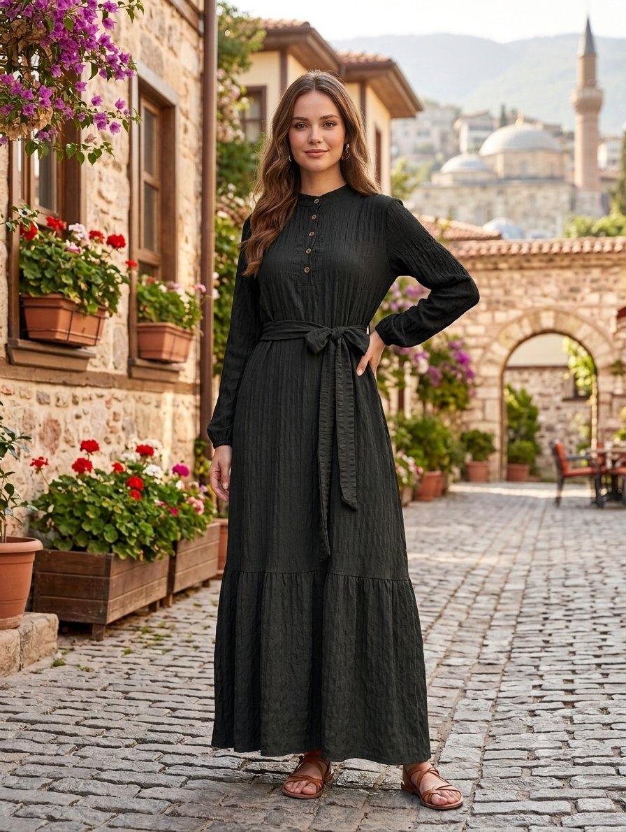 Pencere Kumaş Belden Bağlama Elbise