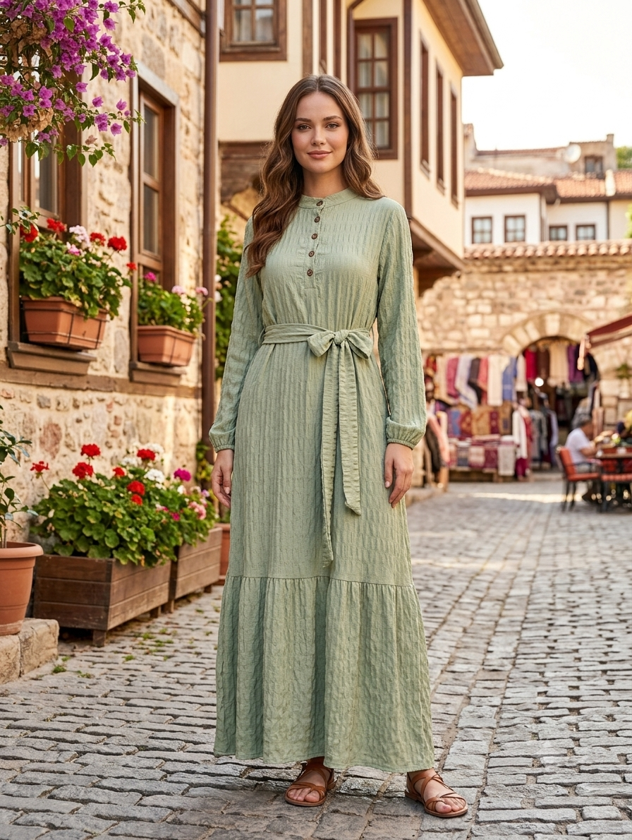 Pencere Kumaş Belden Bağlama Elbise